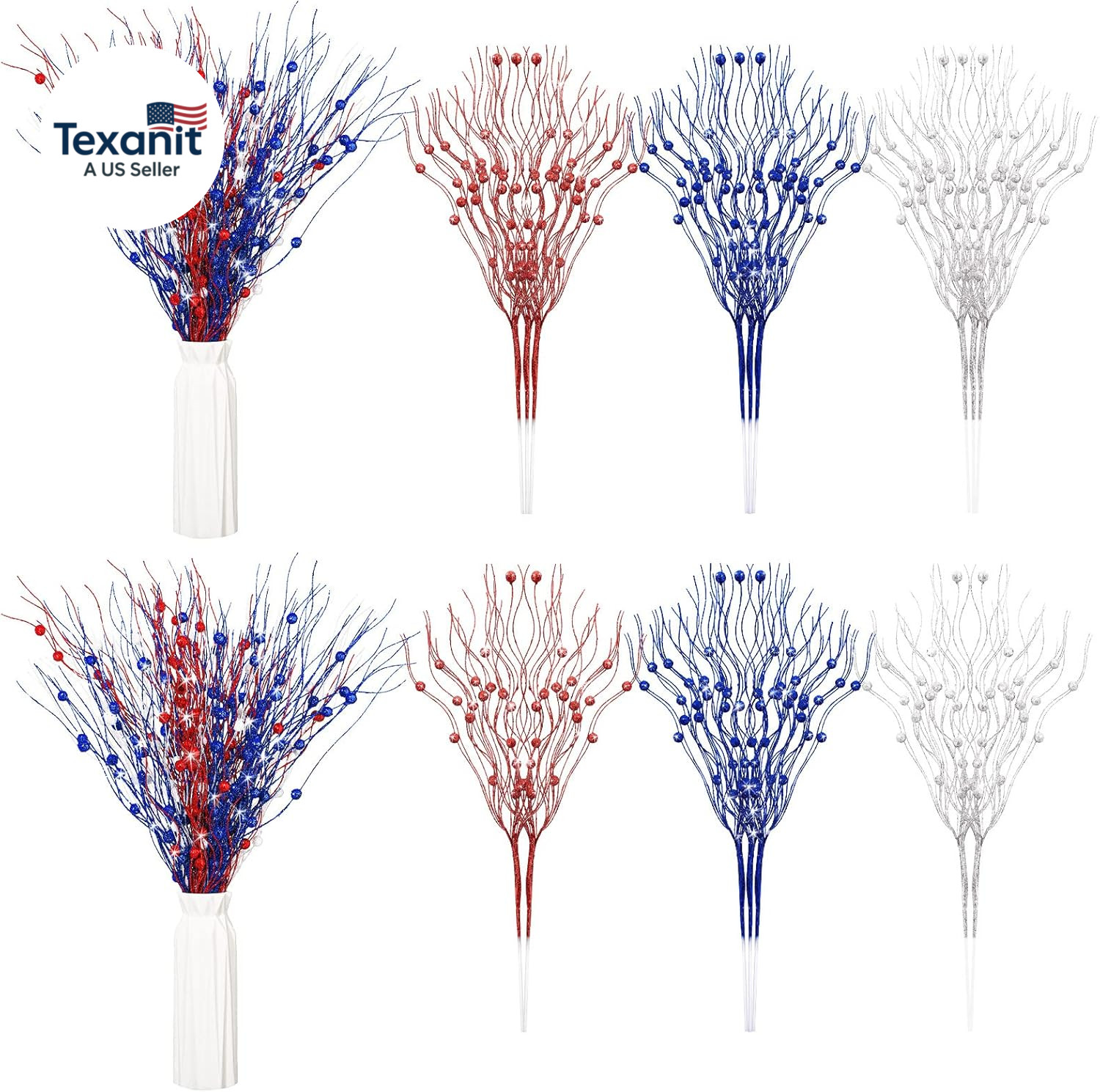 16 Pack Red White and Blue Artificial Flowers 17 Inches 4Th of July Glitter Stic