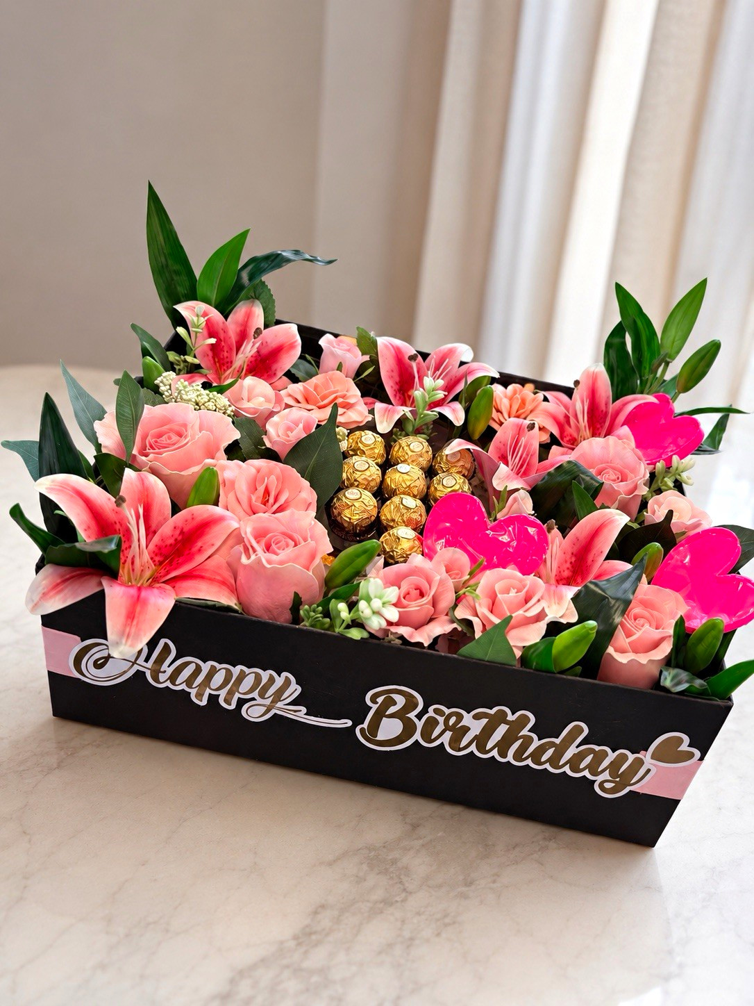 Birthday Floral Arrangement Centerpiece – Pink Rose & Lily in Black Box