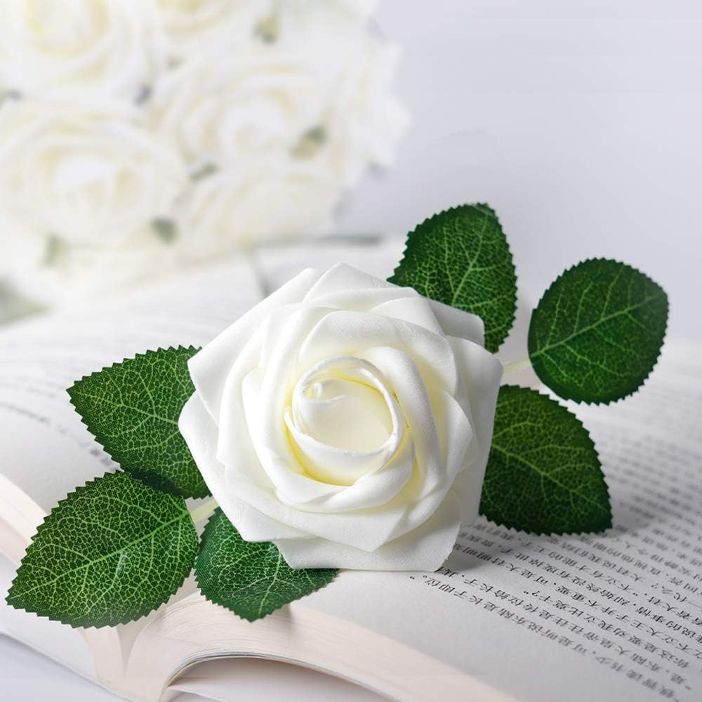 50Pcs Real Touch White Rose Artificial Flowers for Wedding & Party Decor