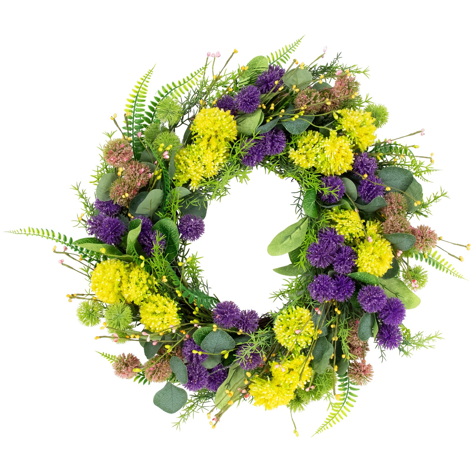 Northlight Mixed Foliage and Thistle Spring Wreath – 22″ – Yellow and Purple