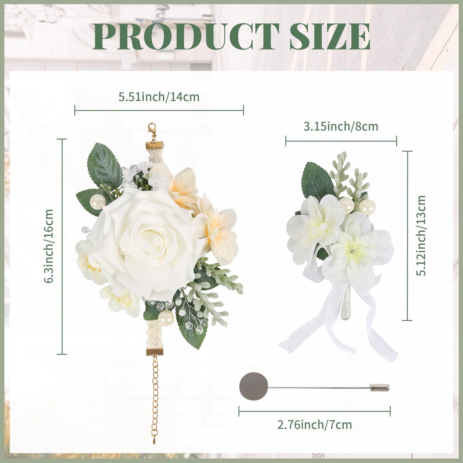 2 PCS White Rose Wedding Corsage Boutonniere Set Wristlet Bride Groom Prom