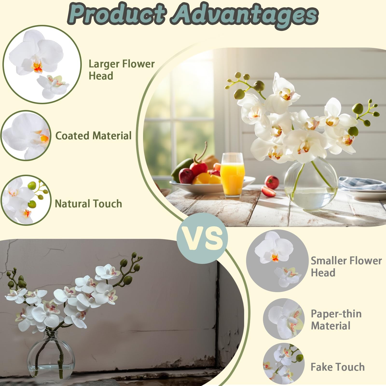 Artificial White Orchid in Glass Vase with Faux Water, 11″ Small Silk Phalaen…