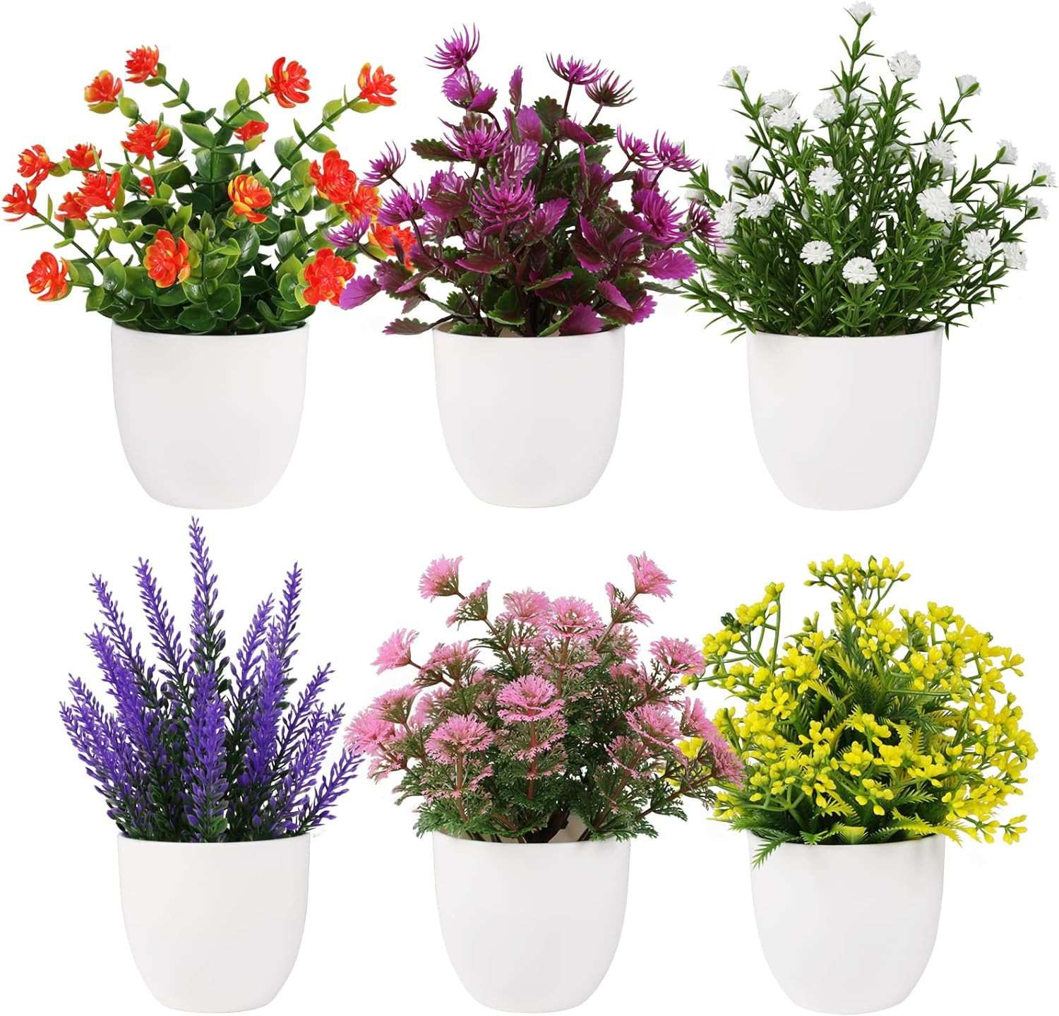 6 Pack Small Artificial Flower Potted Plants, Mini Faux Flowers in Pots | Colorf