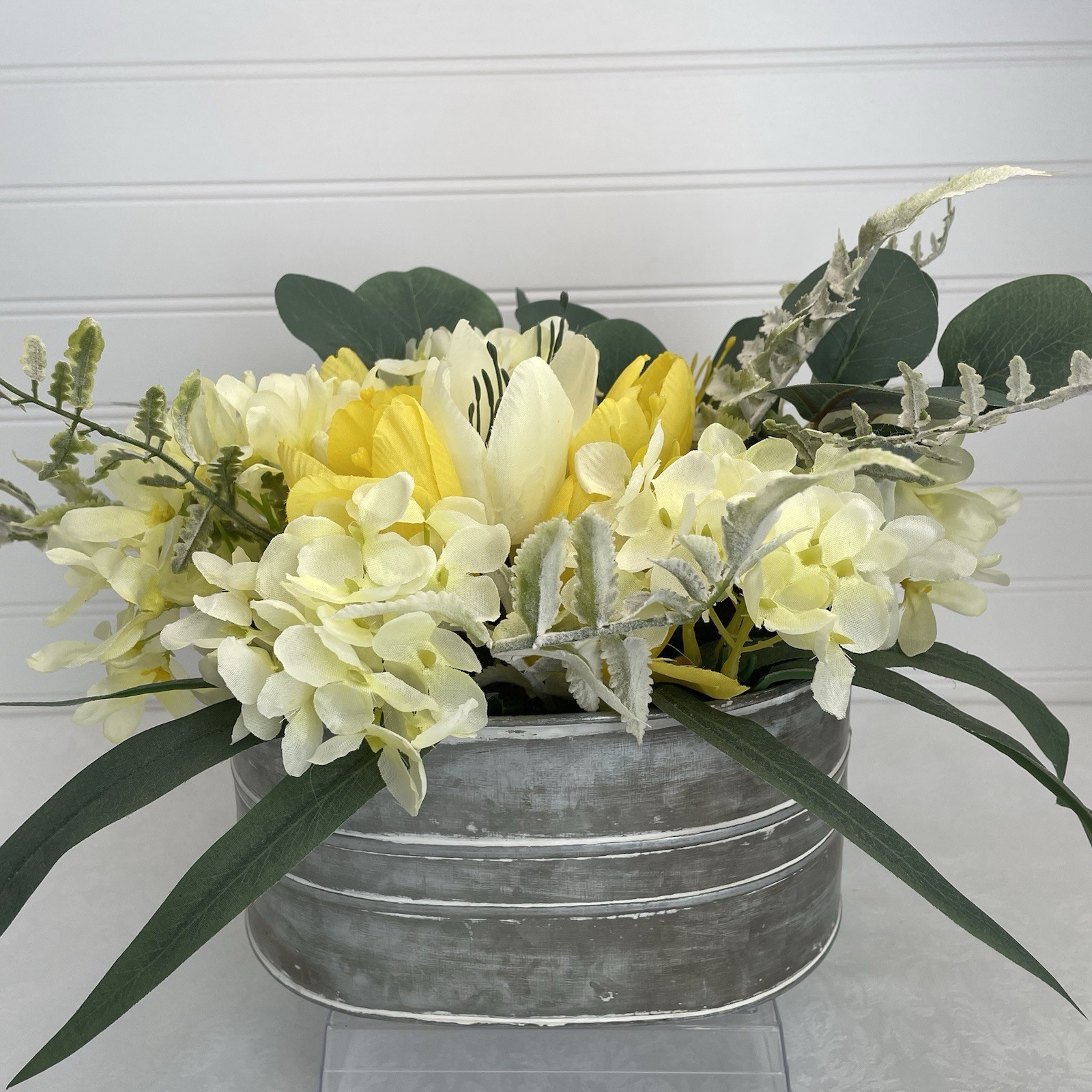 Artificial Floral Basket Arrangement Centerpiece Yellow Flowers in Metal Planter