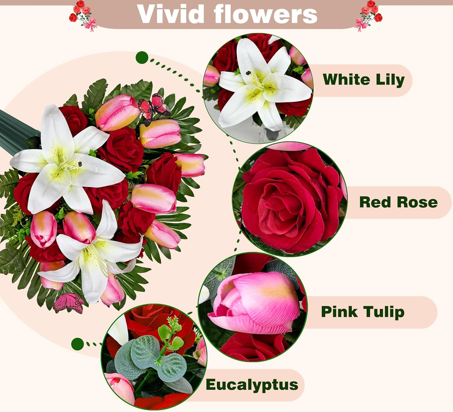Realistic Silk Cemetery Flowers – Pink Tulip, White Lily, Red Rose Saddle Decor