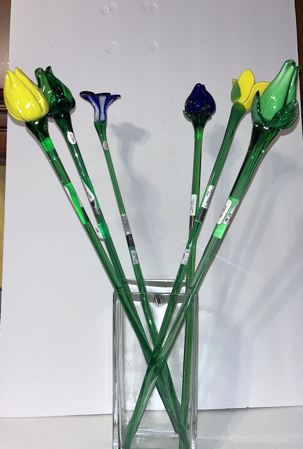 Hand Blown Vtg MIKASA Crystal Long Stem Art Glass Multicolor Flowers Lot Of 6