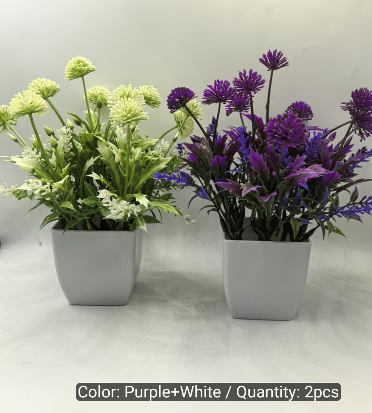 2pcs Artificial Floral Potted Arrangement, Purple ,White Green 7.09inch