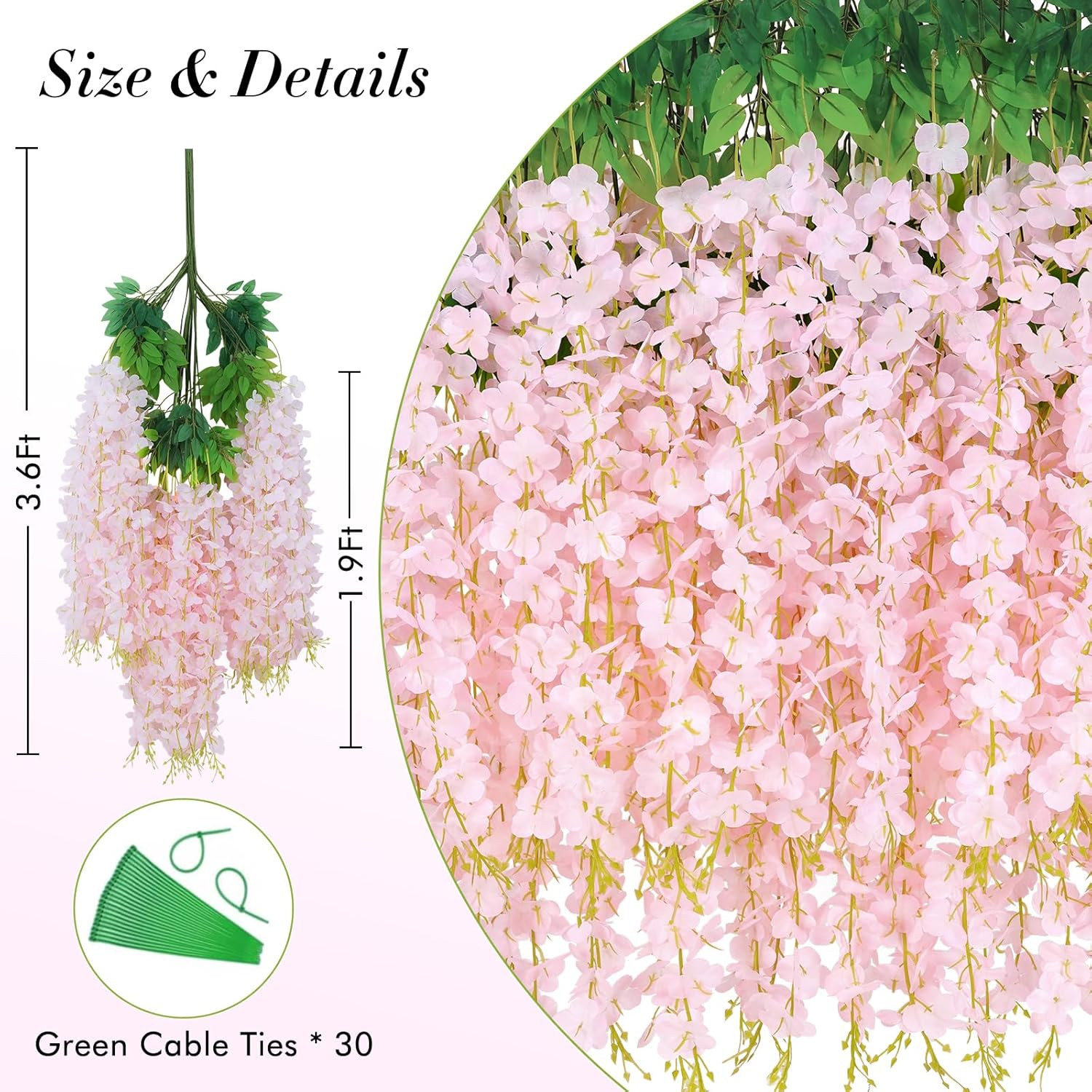 60 Pack Light Pink Wisteria Hanging Flowers for Home, Party, Wedding Decor