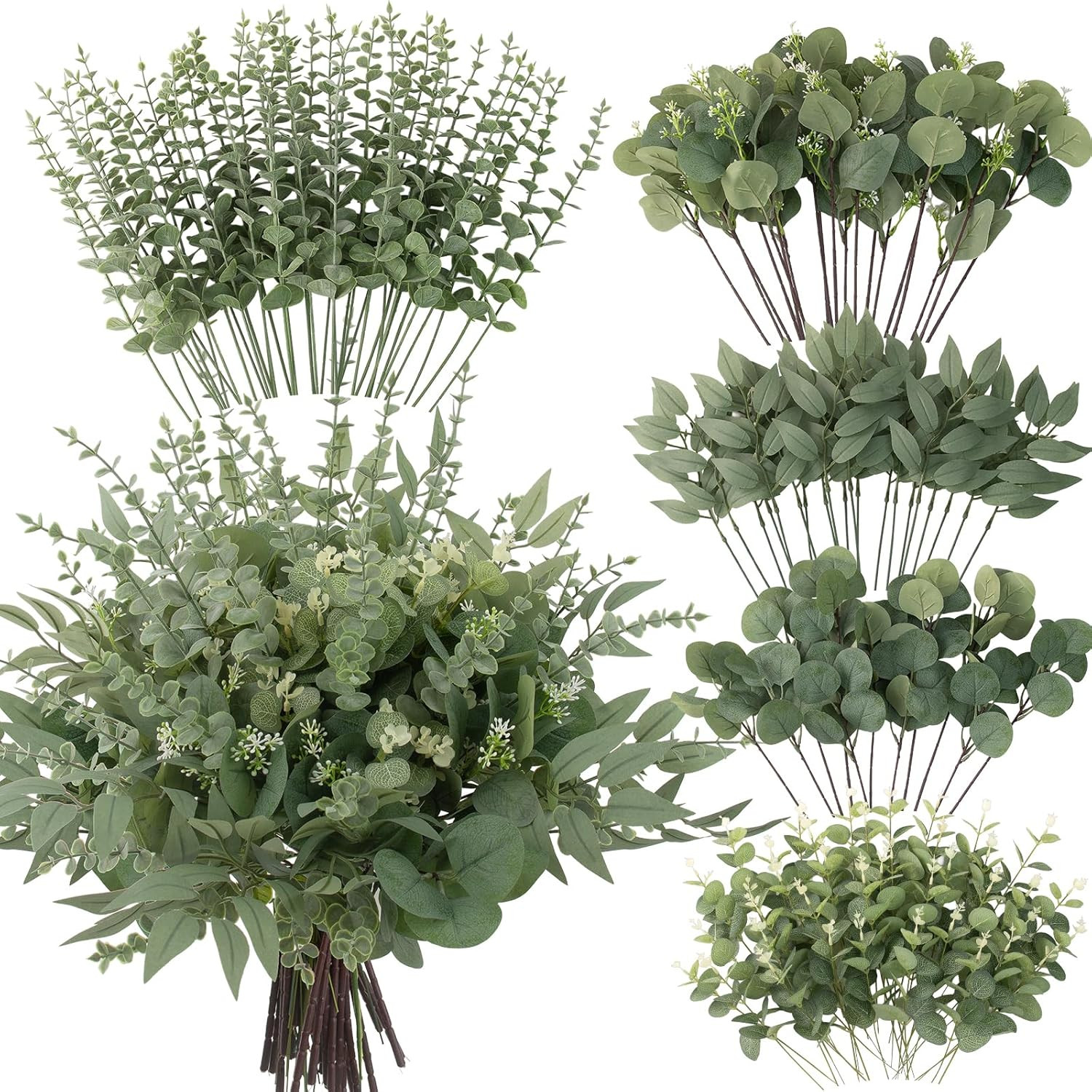 130 Pcs Artificial Mixed Eucalyptus Stems Bulk 5 Kinds Faux Greenery Eucalyptus