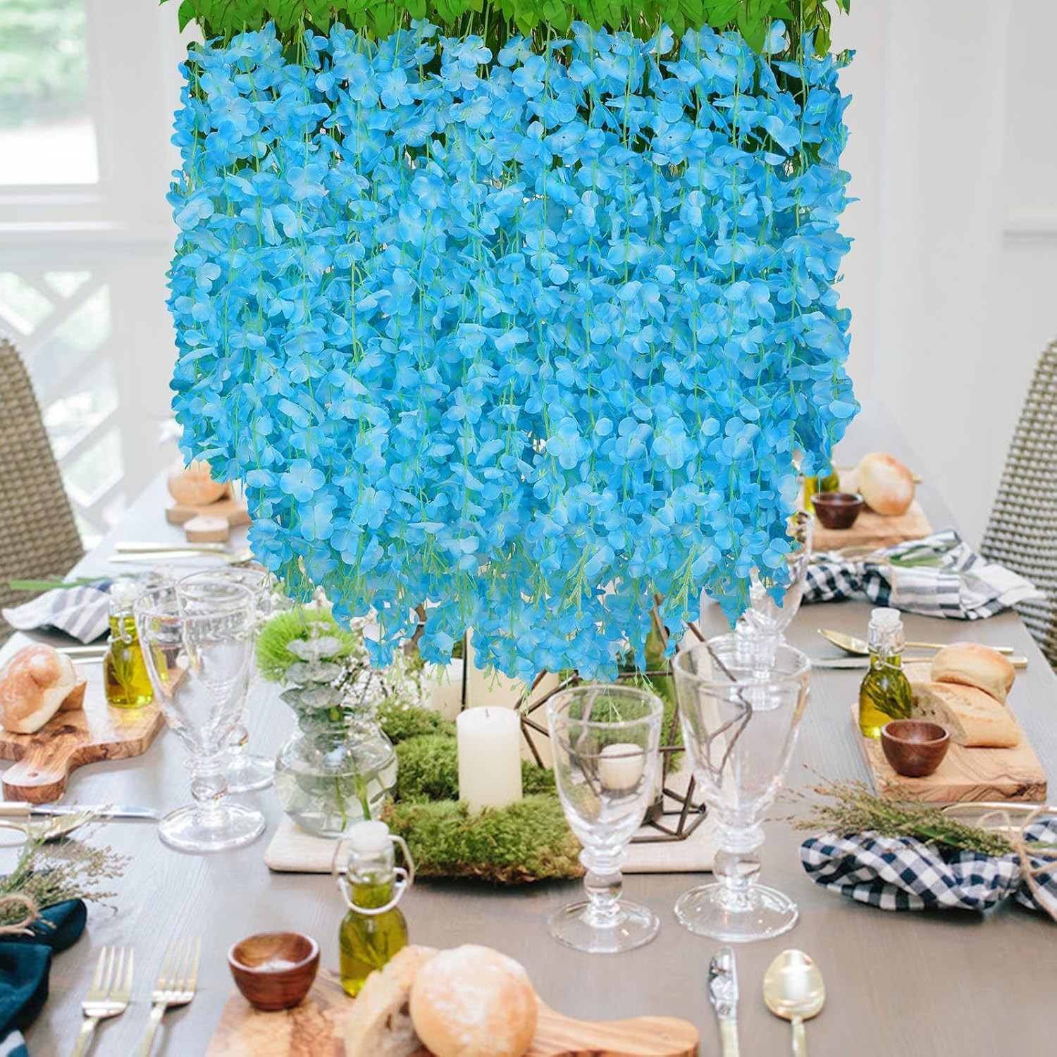 48Pcs Blue Wisteria Garland – 3.6Ft Fake Flowers for Wedding & Home Decor
