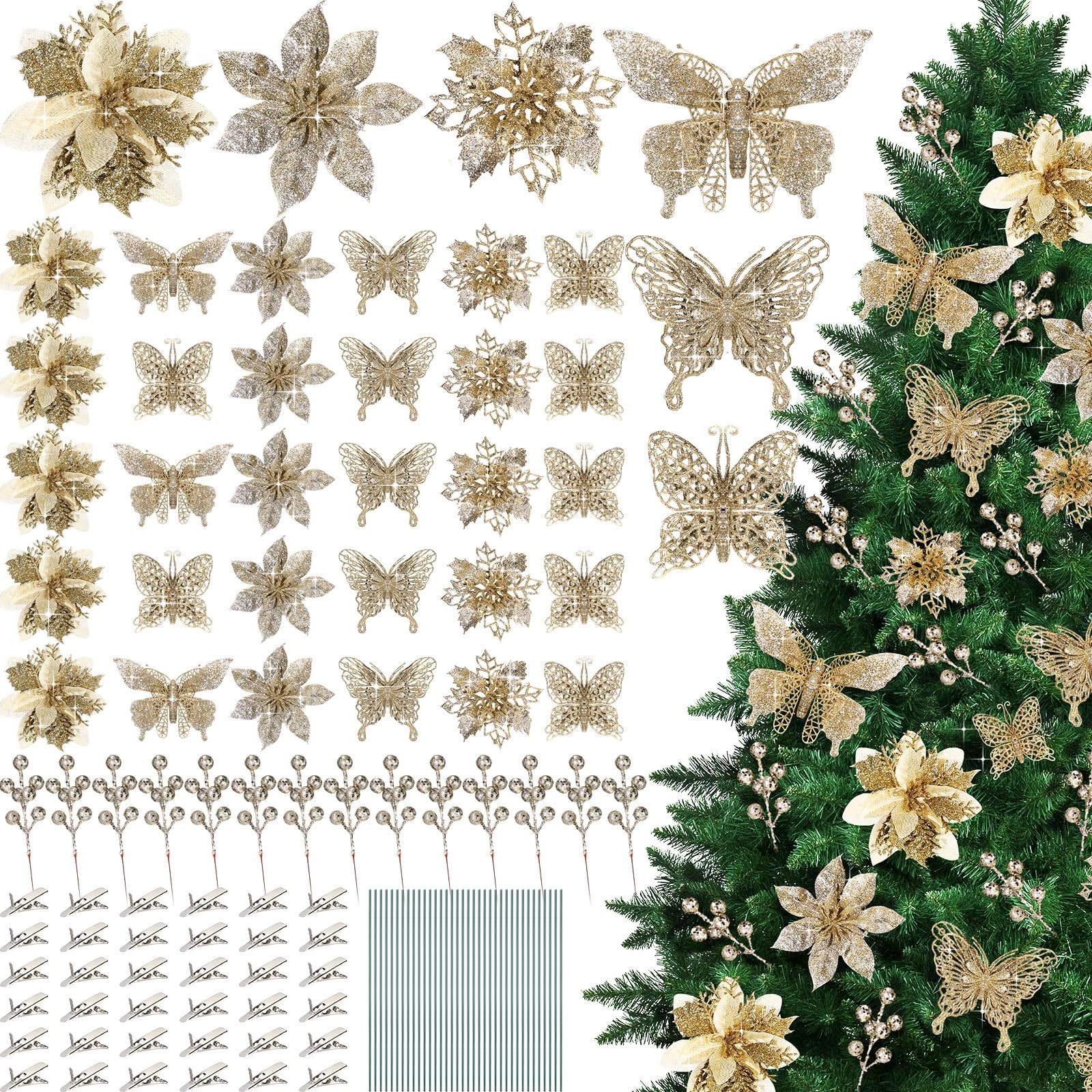 Thiccywoov 122 Pcs Christmas Glitter Poinsettia Artificial Flowers Berry Pick…