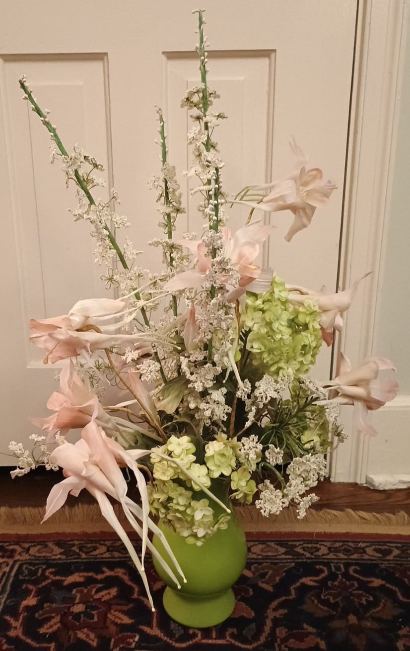 Pink Lily Delphinium Hydrangea Faux Silk Flower Arrangement Floral Green Vase