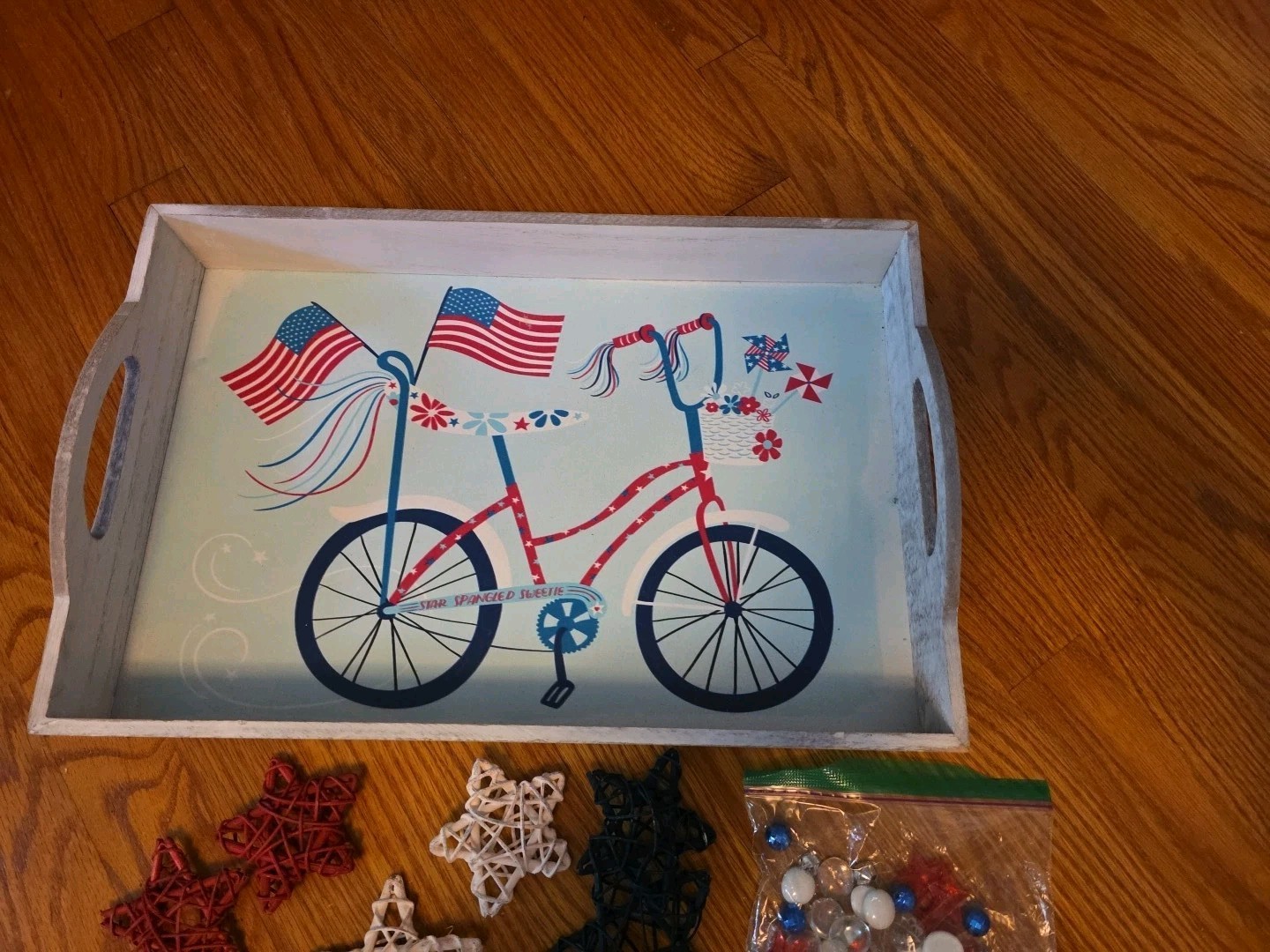 Pier 1 July 4th Patriotic Wooden Tray Woven Stars Gem Table Scatter Star Bowls