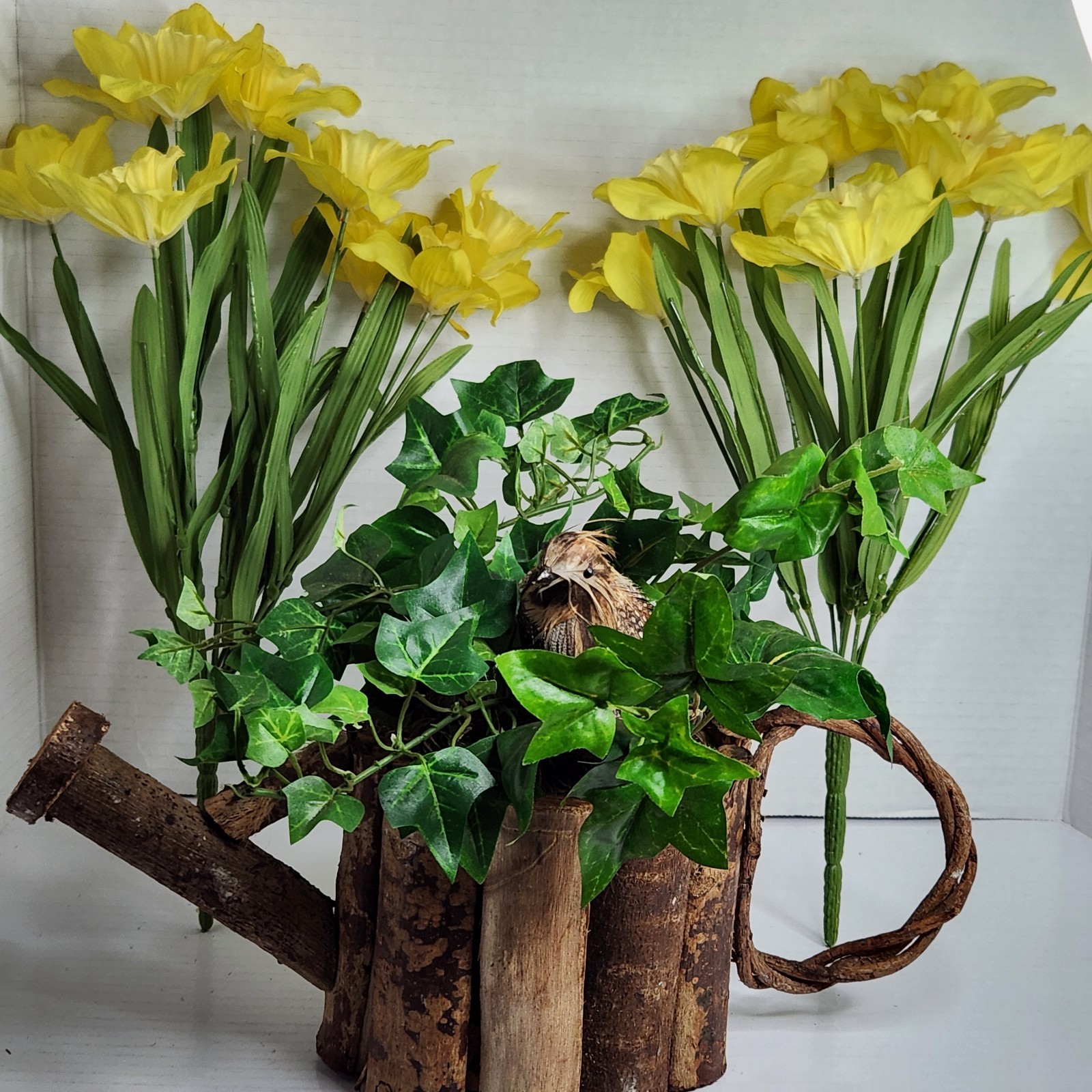 Vintage World Bazaar Faux Daffodil Flowers Rustic Log Watering Can Planter Decor