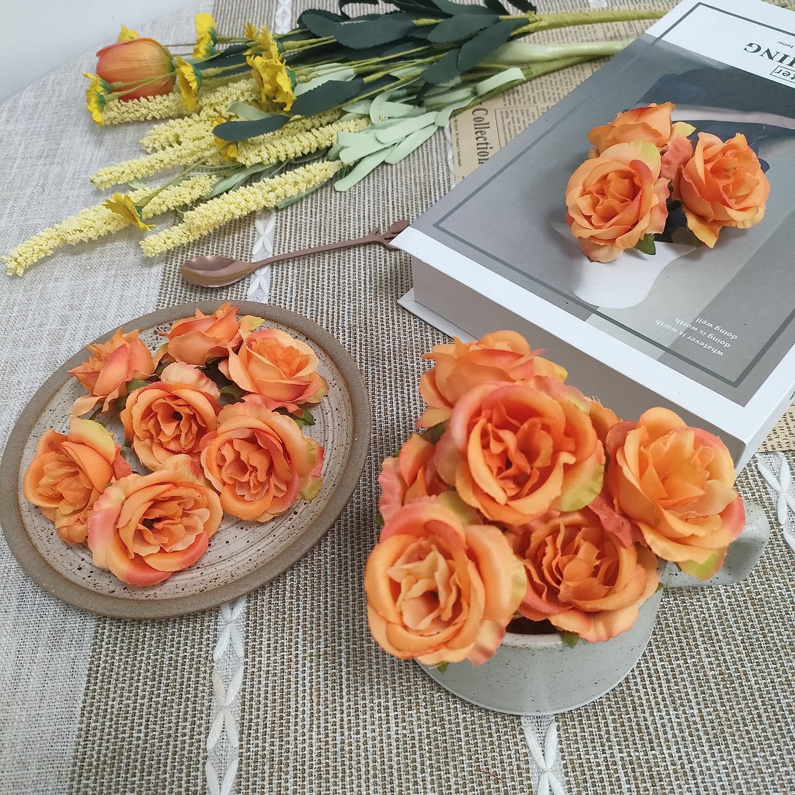 2.2”Artificial Satin Orange Rose Flower Heads,80Pcs Silk Sunset Red Rose Hea…
