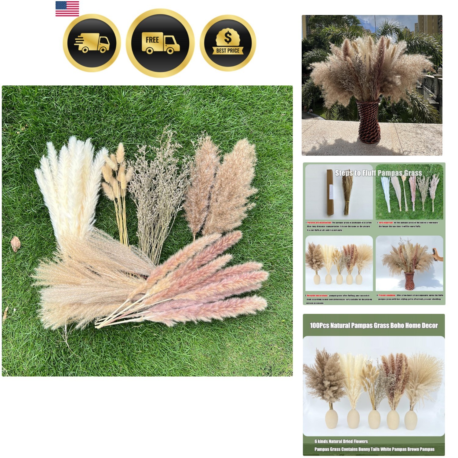 100Pcs Pampas Grass Boho Home Decor 17 inch Natural Dried Flowers-Pampas Gras…