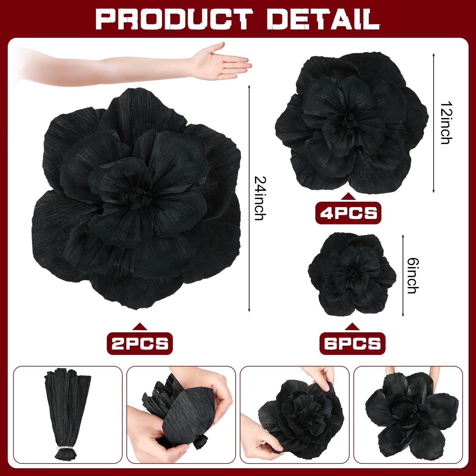 12 PCS Giant Paper Flowers Artificial Large Handcrafted Wall Backdrop Black