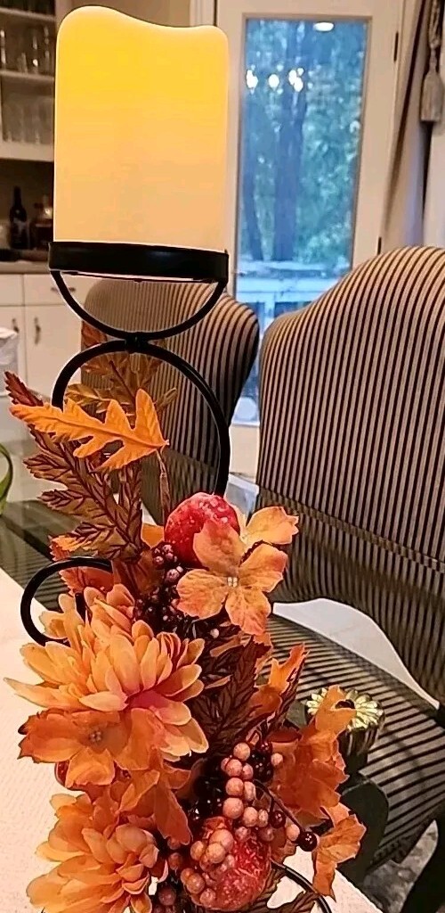 Fall Floral Decor w/Battery Candle ~ Black Wrought Iron ~ Berries Silk Flowers