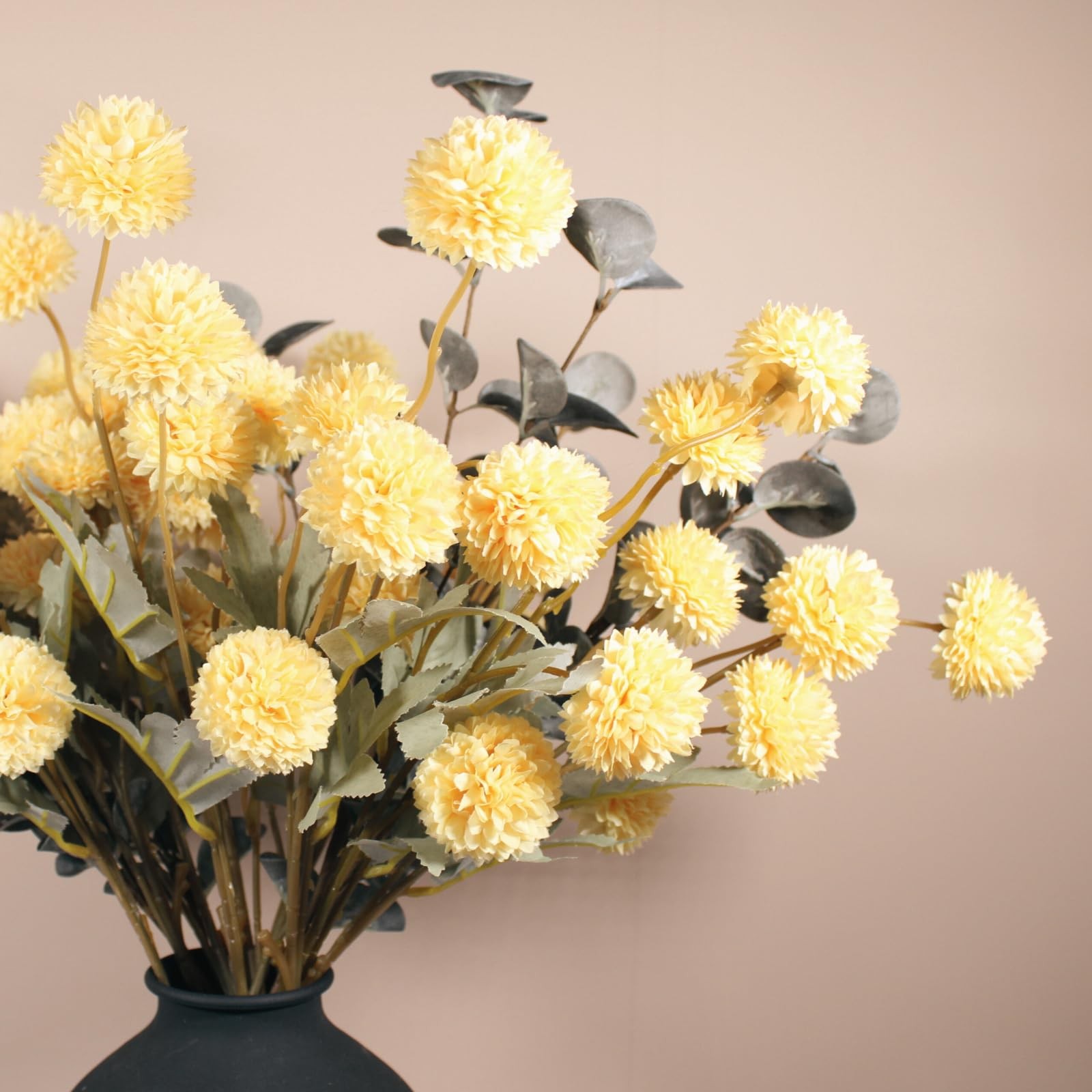 Yellow Flowers Artificial Long Stems Kiku Flower With Eucalyptus, Spring Flo…