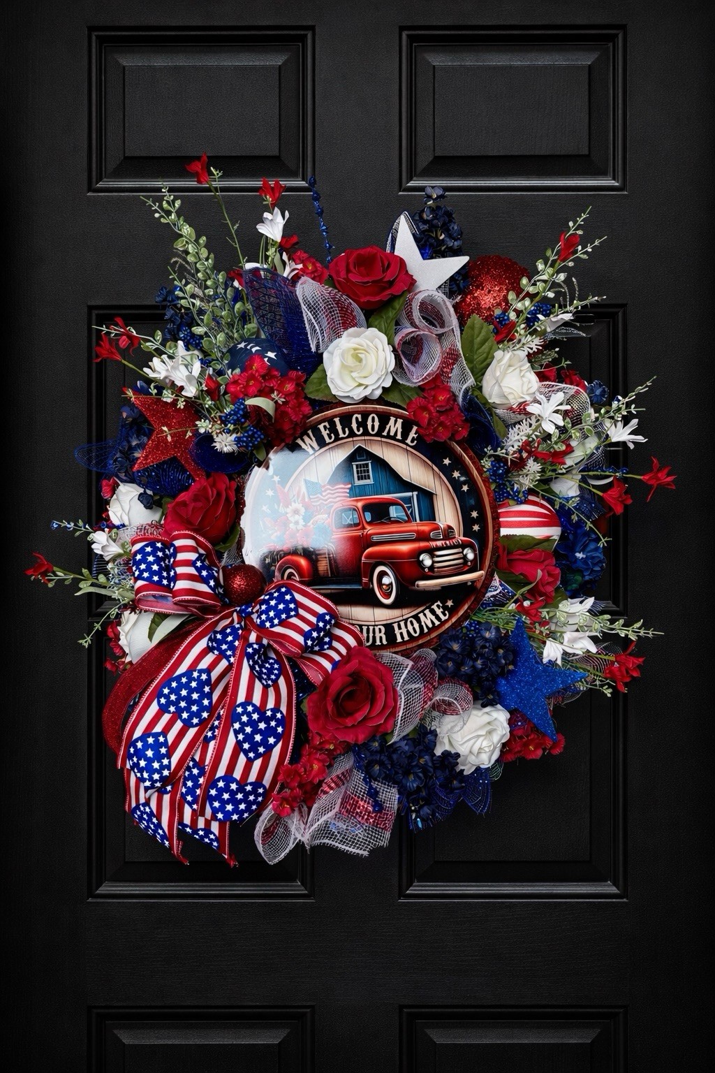 Patriotic Wreath 4th Of July Door Decor Red White Blue Truck Welcome To Our Home