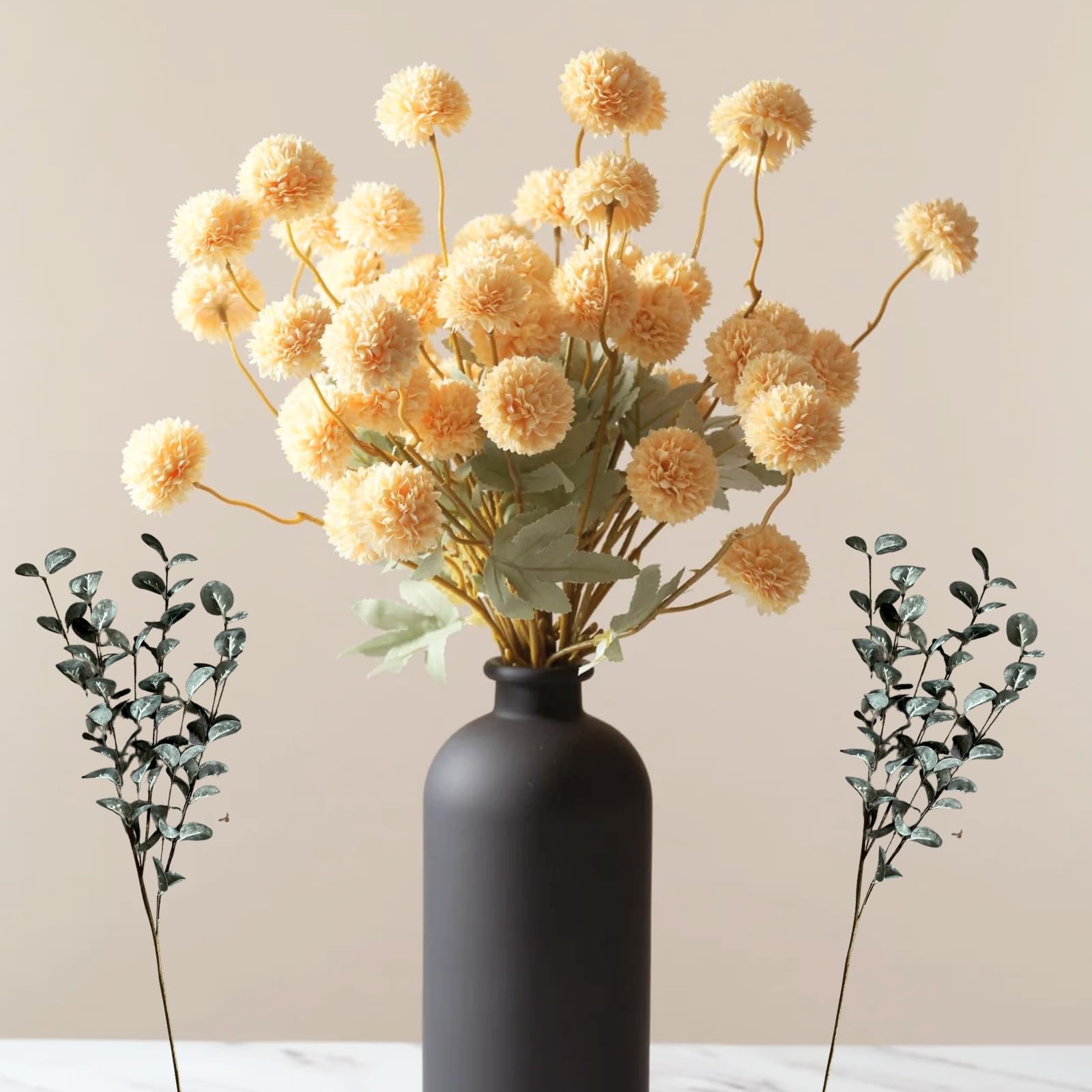Yellow Flowers Artificial Long Stems Kiku Flower With Eucalyptus, Spring Flo…