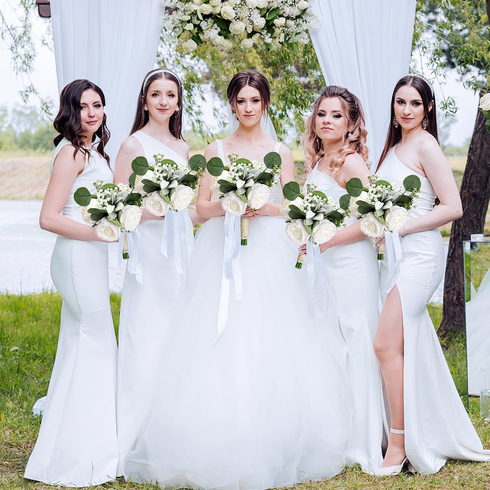 4 PCS Ivory White Peonies & Rose Bridesmaid Bouquets Wedding Decor