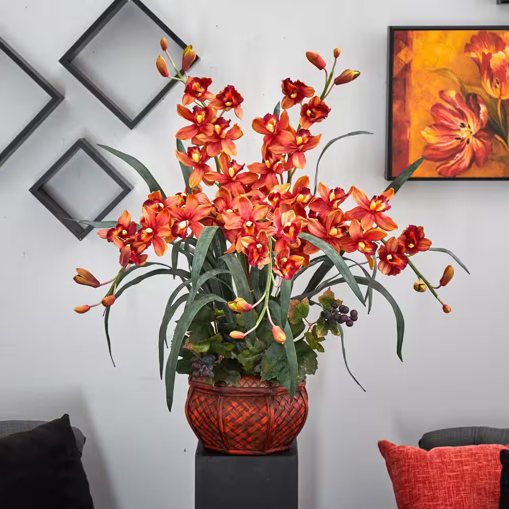 30 In. Artificial H Burgundy Cymbidium with Decorative Vase Silk Arrangement