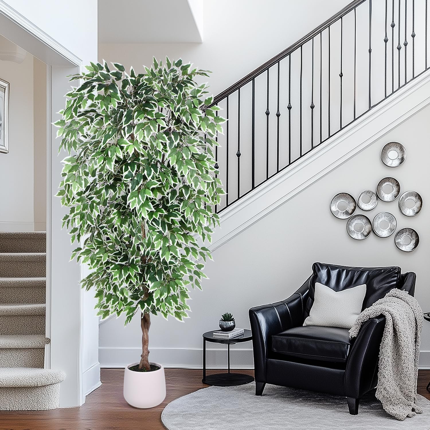 Jocoevol 7FT Artificial Ficus Tree with White Planter, Dried Moss, Natural Silk