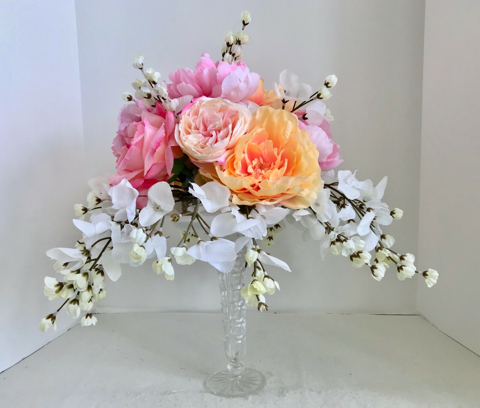 Floral Arrangement Centerpiece Multi-Colored Silk Flowers Cut Glass Vase