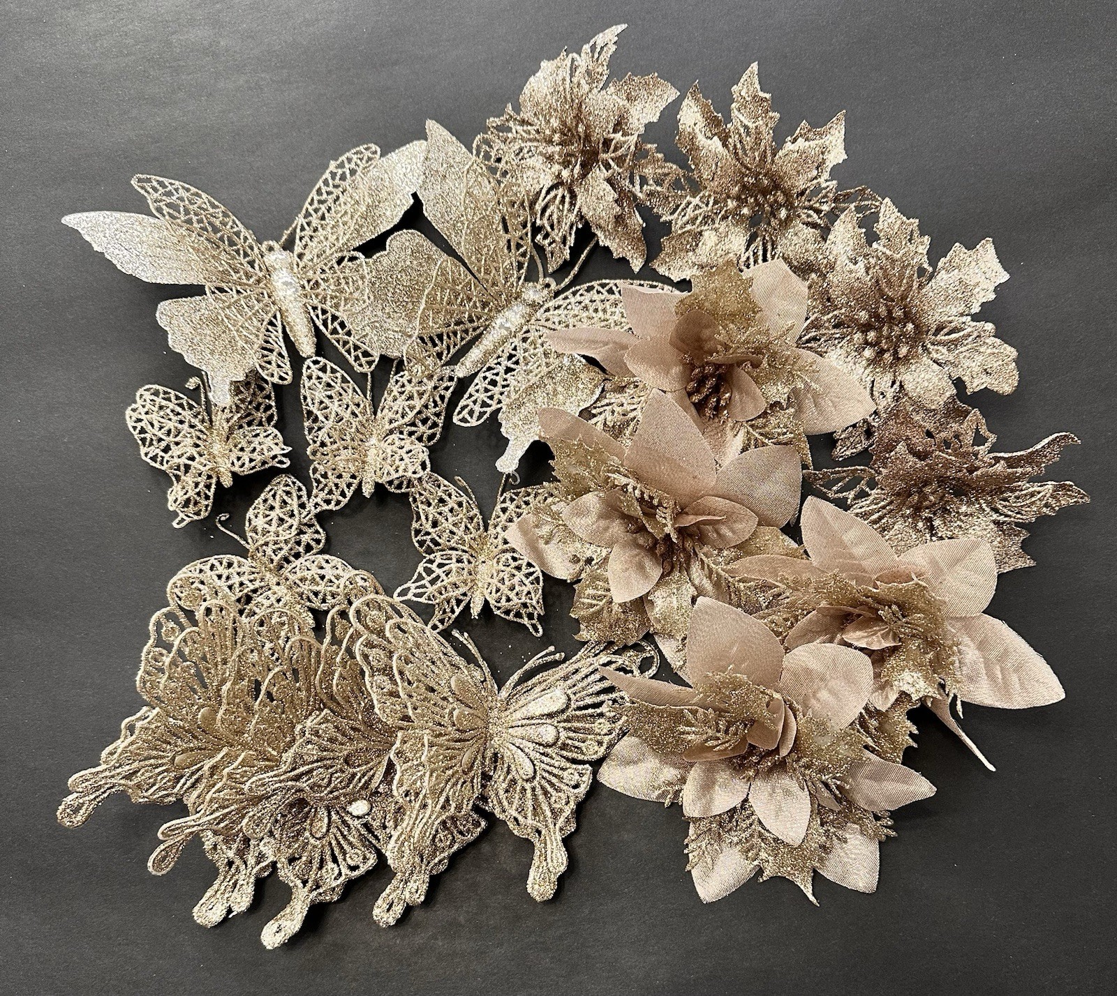 18 Champagne Tinted Glitter Christmas Accents Poinsettias Butterflies & Clips