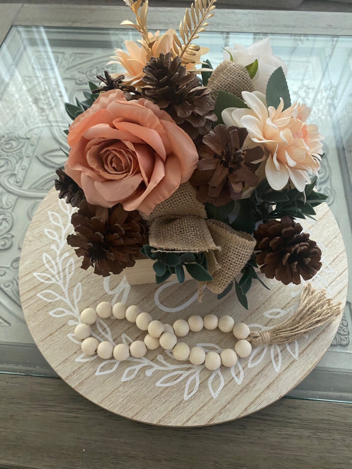 Fall Centerpieces for Table, Decor With Flowers, Greenery, Acorns, Wood Base