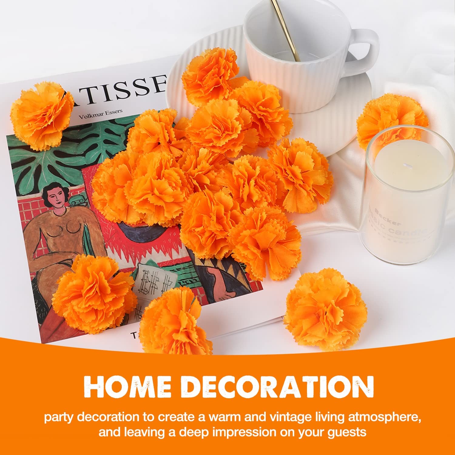 50 Pcs Marigold Flowers Silk Artificial Marigold Flowers, Mexican Flowers Dec…