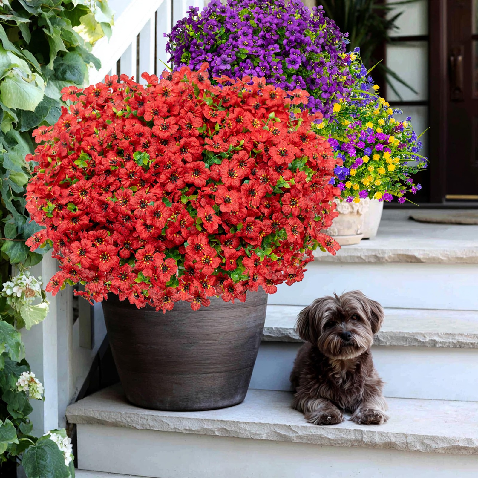 Artificial Flowers for Outdoors, 16 Bundles Fake Plants (PureRed)