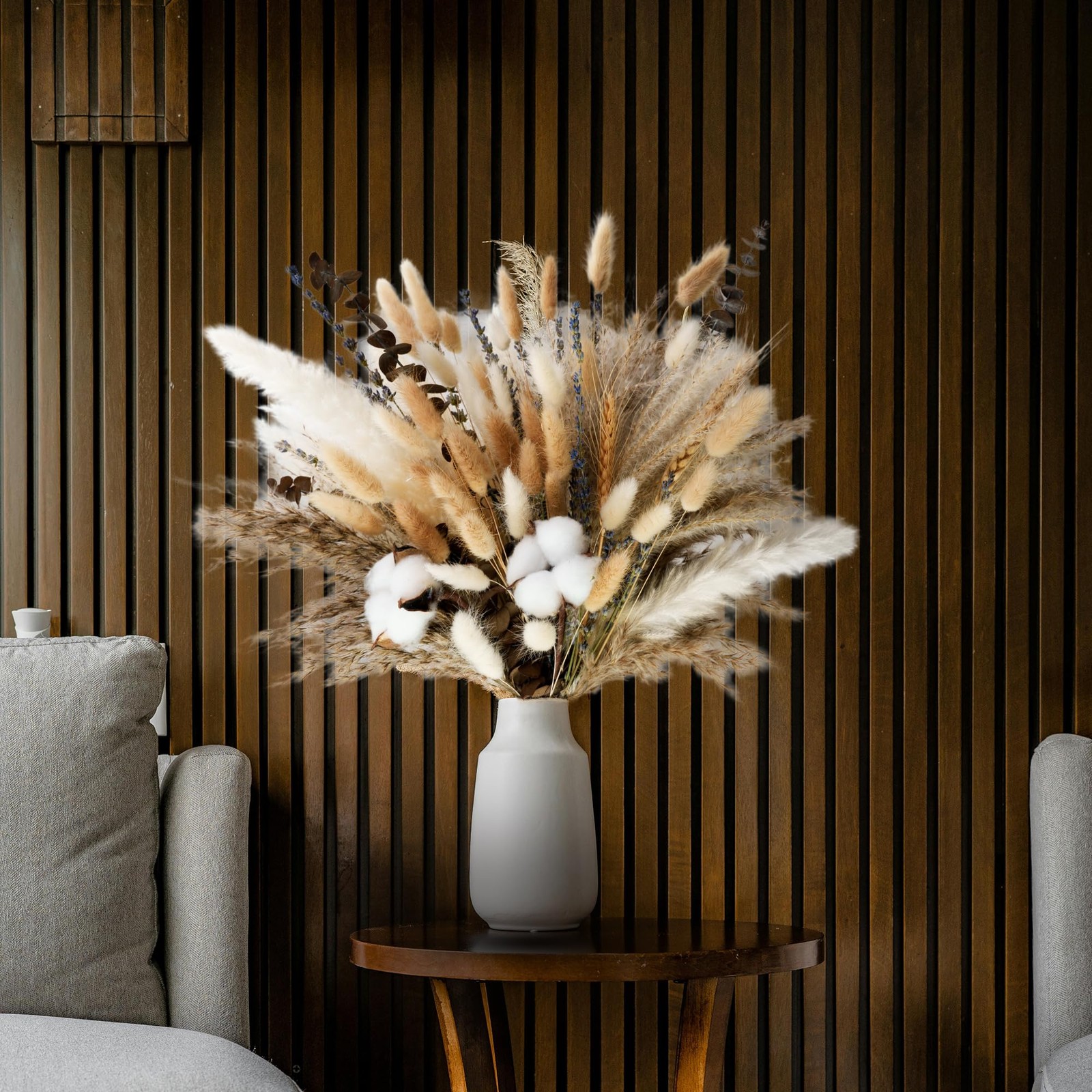 Natural Dried Flower Bouquet – Pampas Grass, Cotton Stems, Bunny Tails, Eucal…