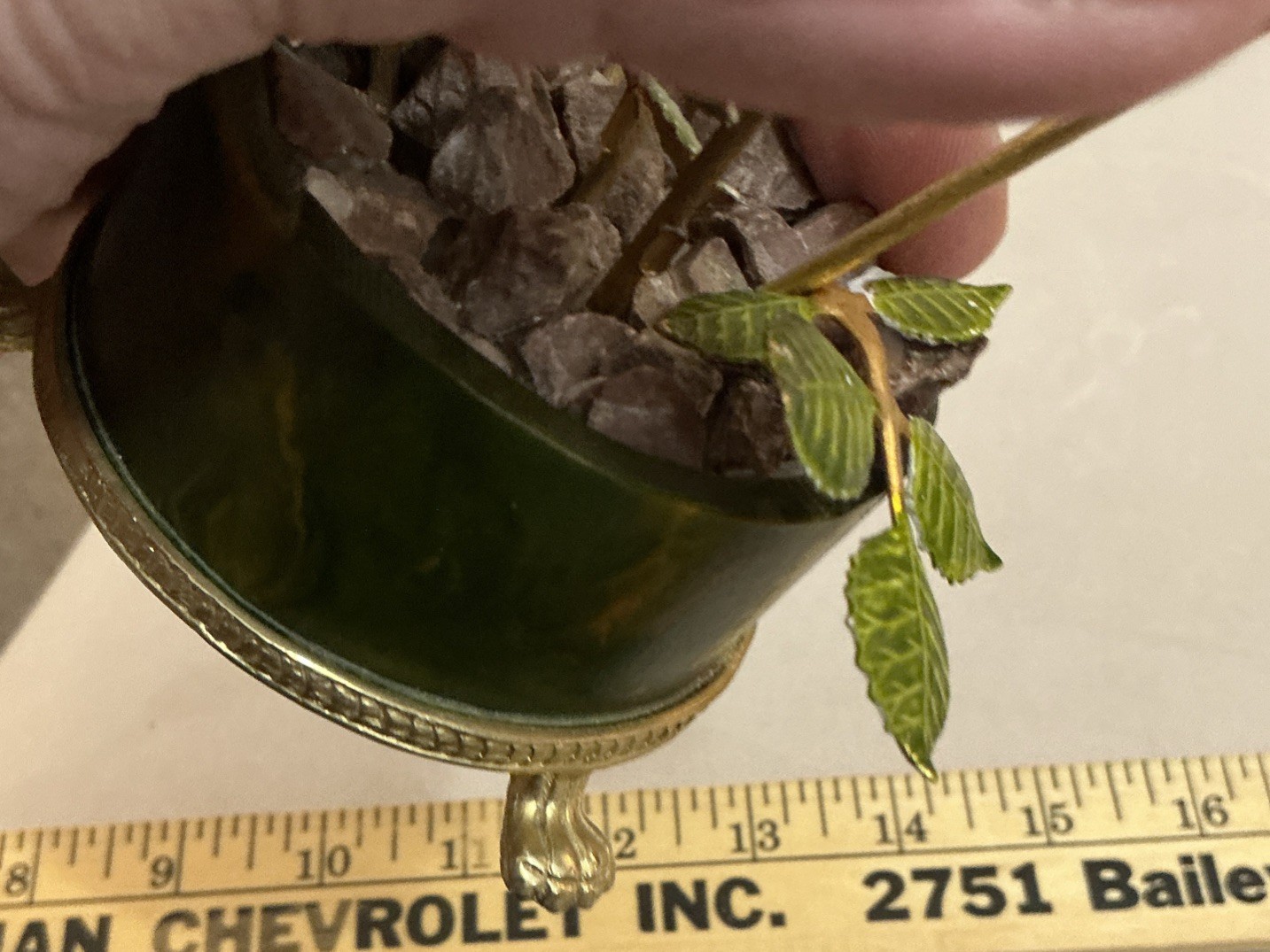 Enamel on Copper Yellow Potted Roses On Footed Base Vintage.