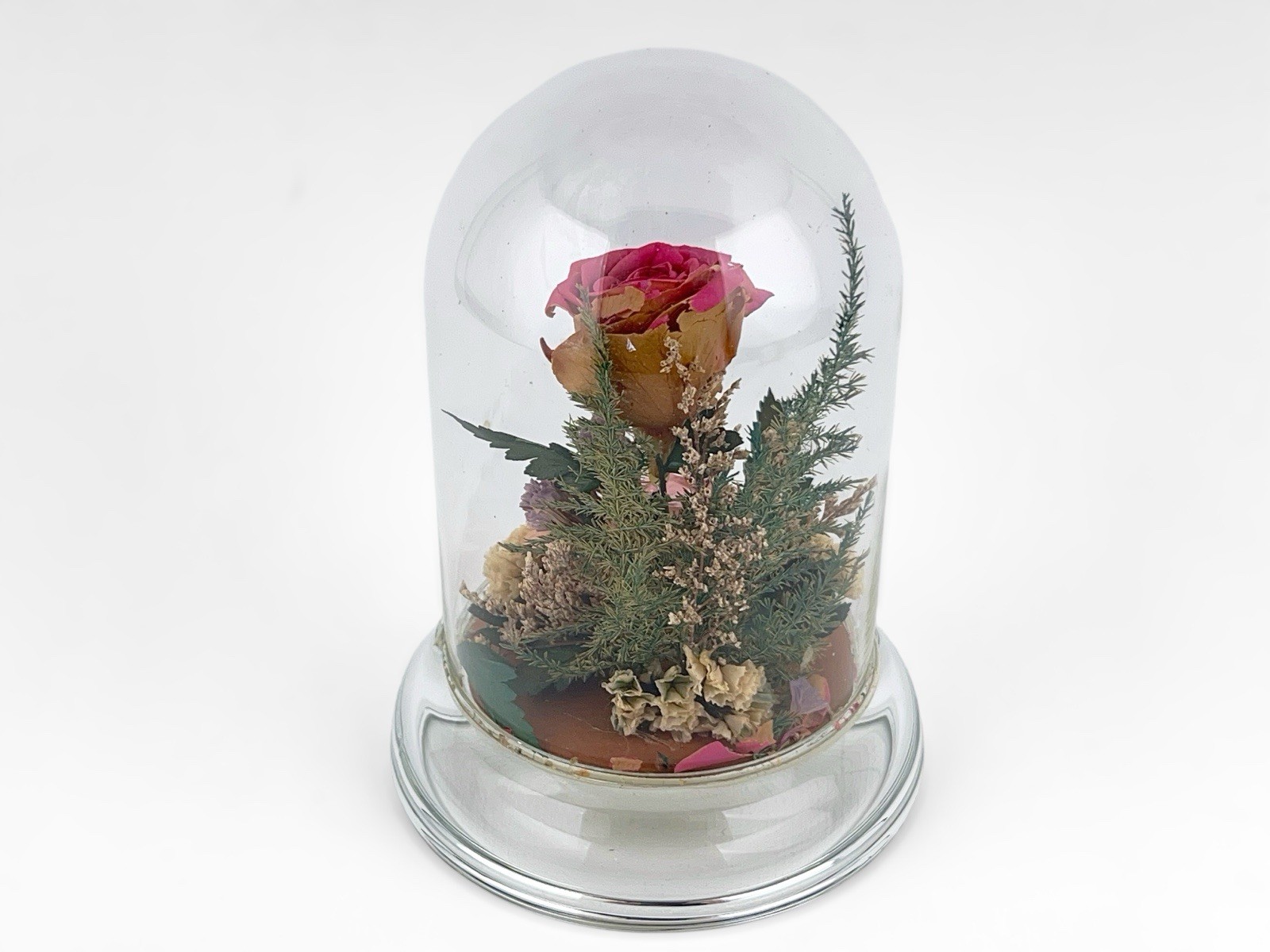 Vintage Dried Pink Rose Flower Arrangement Preserved in 5″ Glass Dome