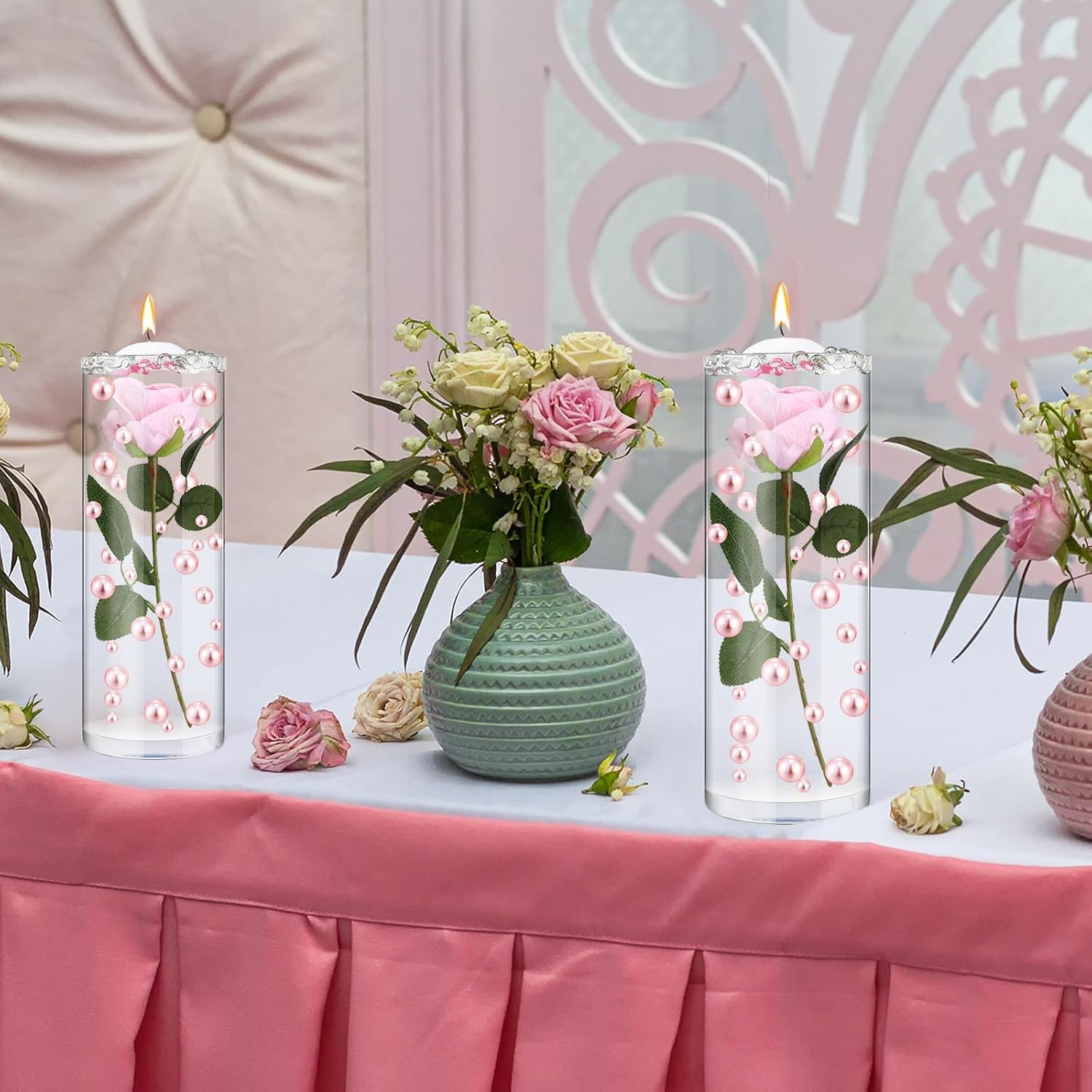 Vase Filler Set: 12 artificial roses, 12 floating candles for centerpiece