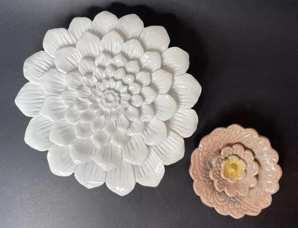 Ceramic Wall Art Flowers Rose 4.5” Peony Dusty Rose Pink Large White Mum 9”