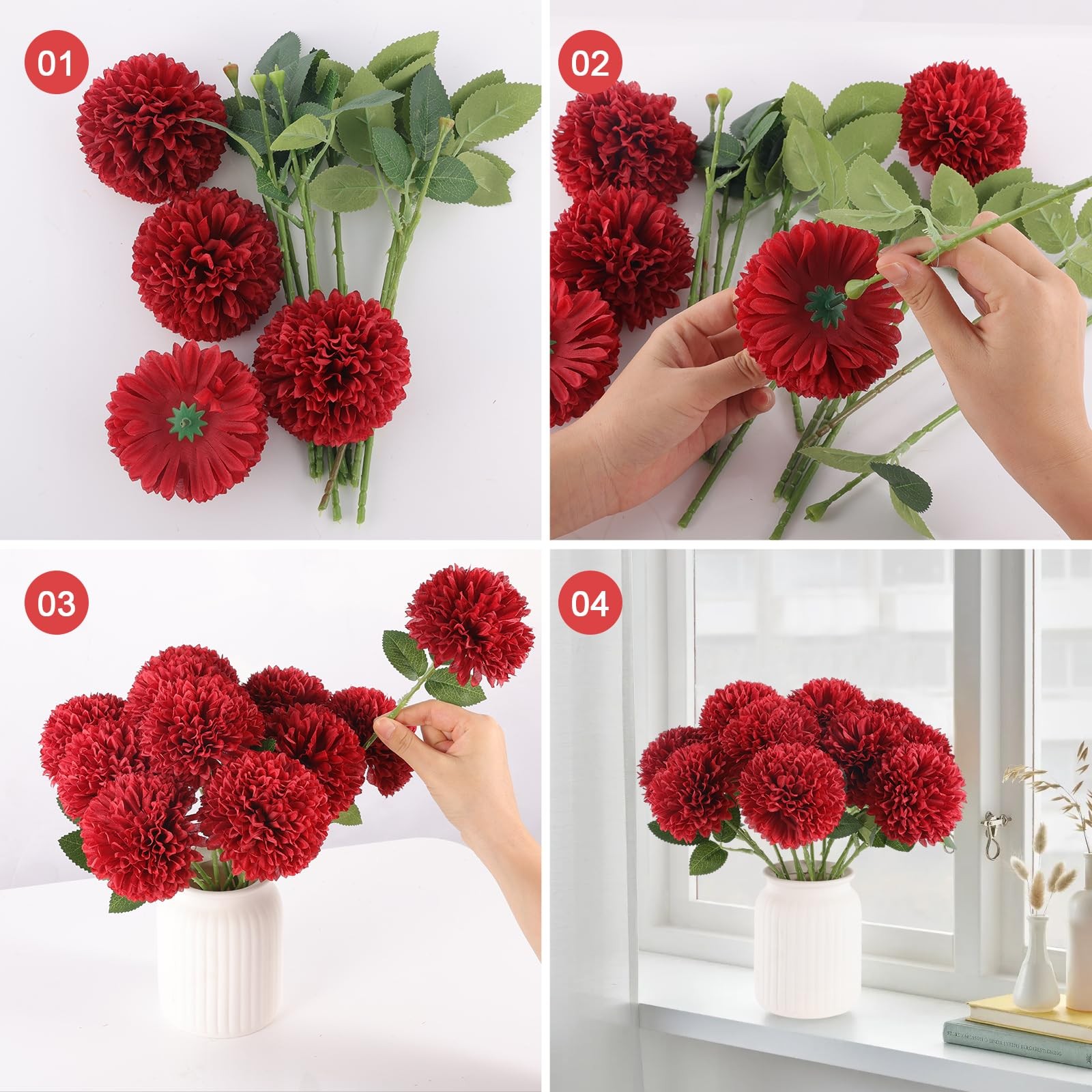 Artificial Chrysanthemums 12 PCS Burgundy Red Fake Mums Silk Flowers
