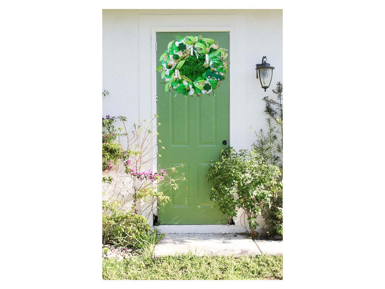Large Green & White Saint Patrick’s Day Glittered Shamrock Mesh Wreath