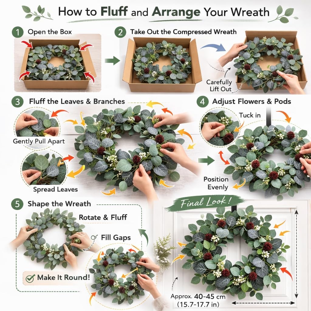 24″ Eucalyptus Twig Wreath for Front Door | Faux Ficus & Silk Foliage, Boho Deco