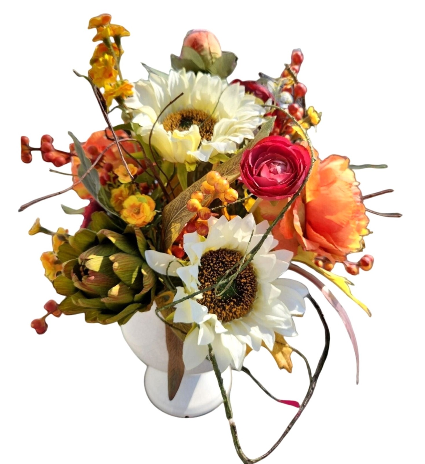 Autumn Artificial Floral Centerpiece With Sunflowers & Ranunculus Arrangement Wh