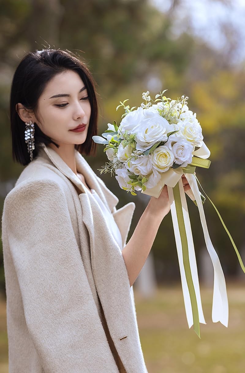 Wedding Bridal Bouquet Bridesmaid Artificial White Rose Church Home Decor