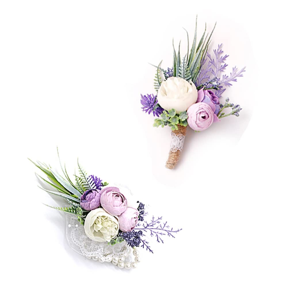 Purple Corsage and Boutonniere Set Artificial Rose Flower Wrist Corsage and B…