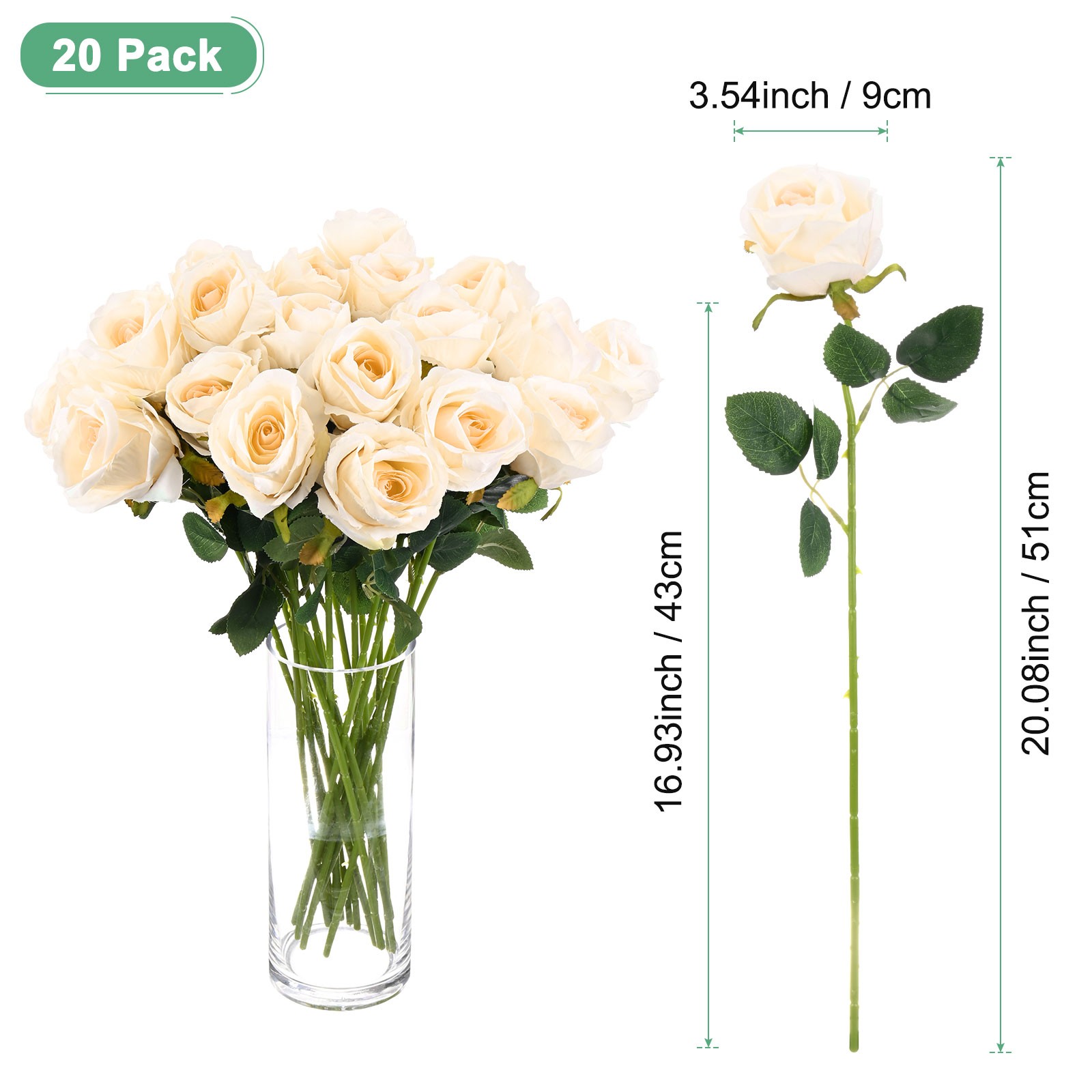 20-Pack Rose Artificial Flowers with Long Stem for Home Decor [Champagne]