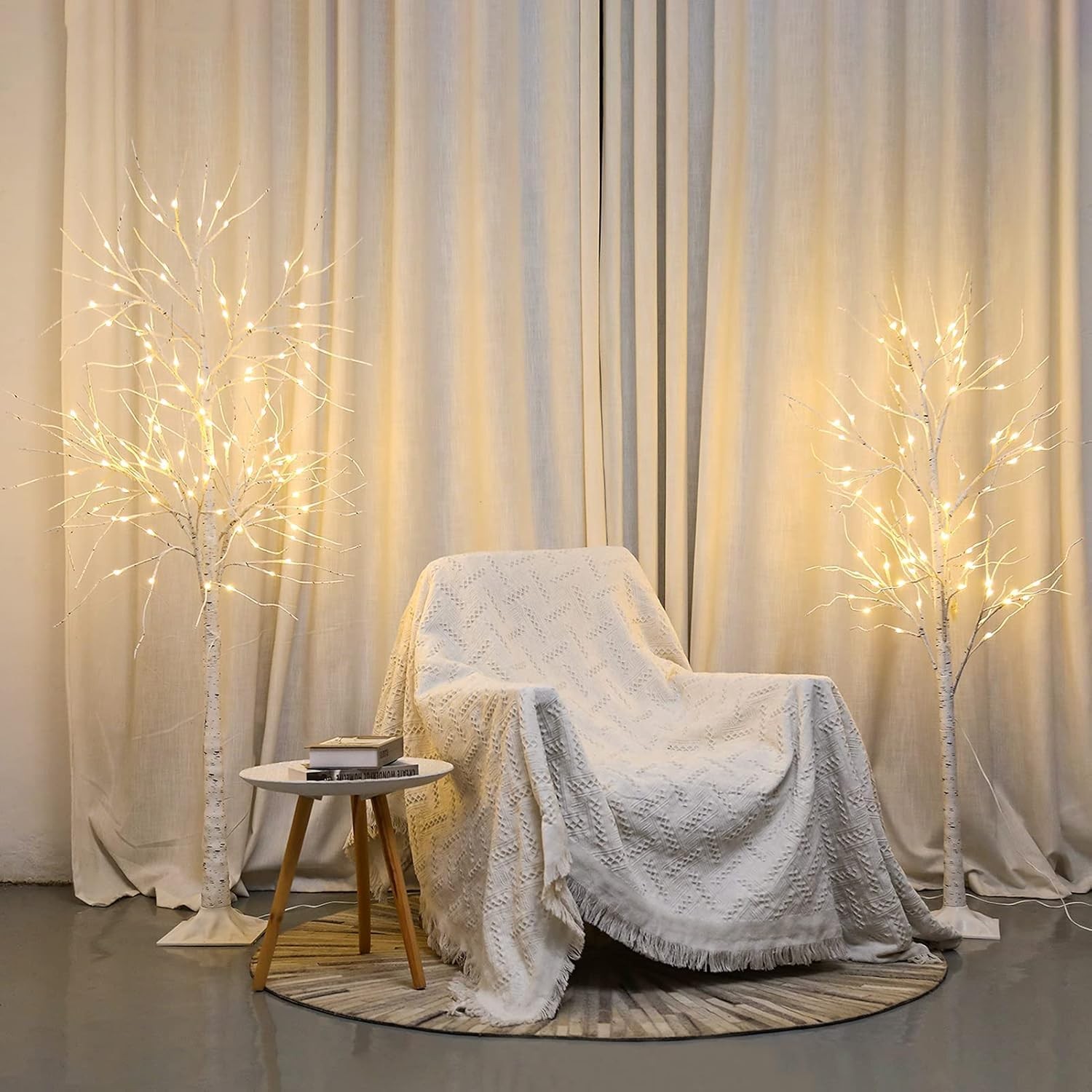 Set of 2 Lighted Birch Tree, Prelit White Christmas Tree Plug in, Light Up Ar…