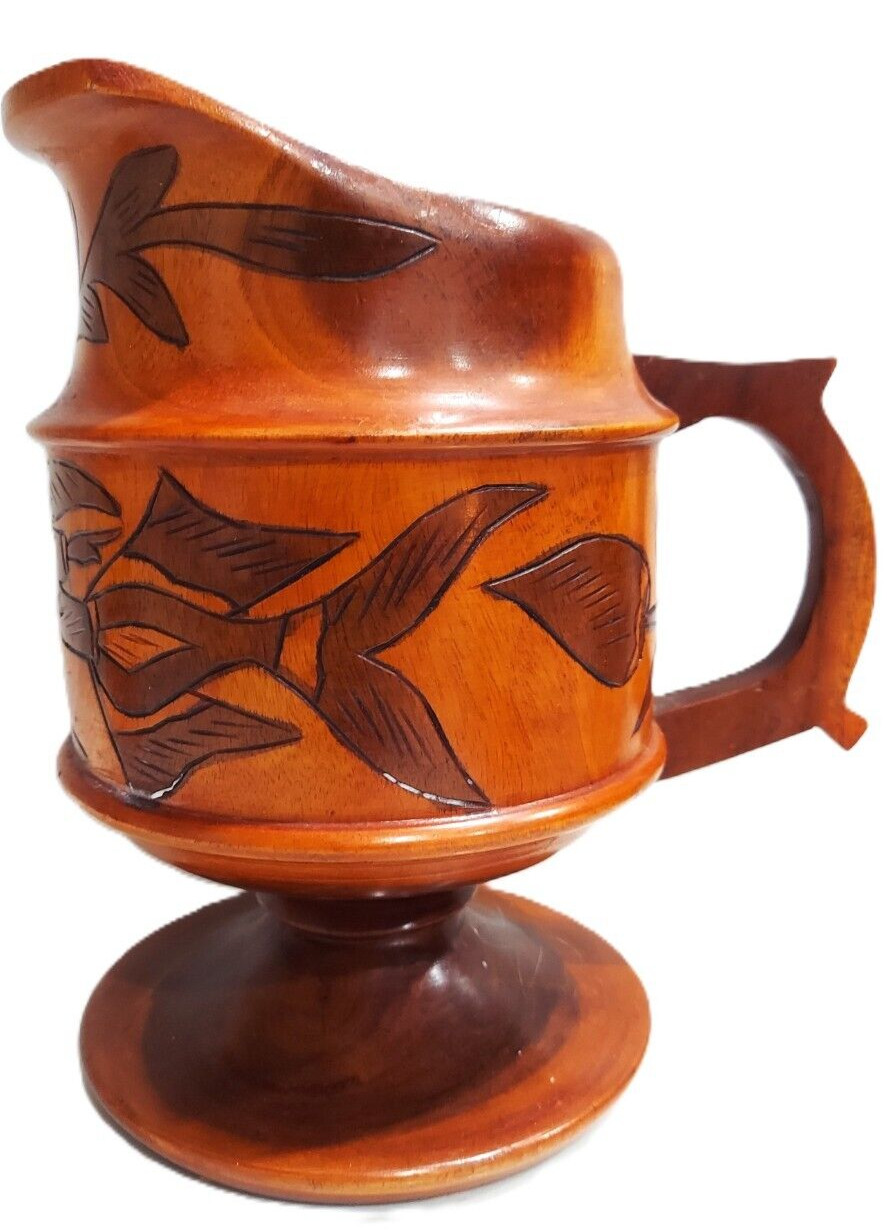 White Peonies in Hand Carved Teak Polynesian Tiki-style Wood Pitcher Arrangement