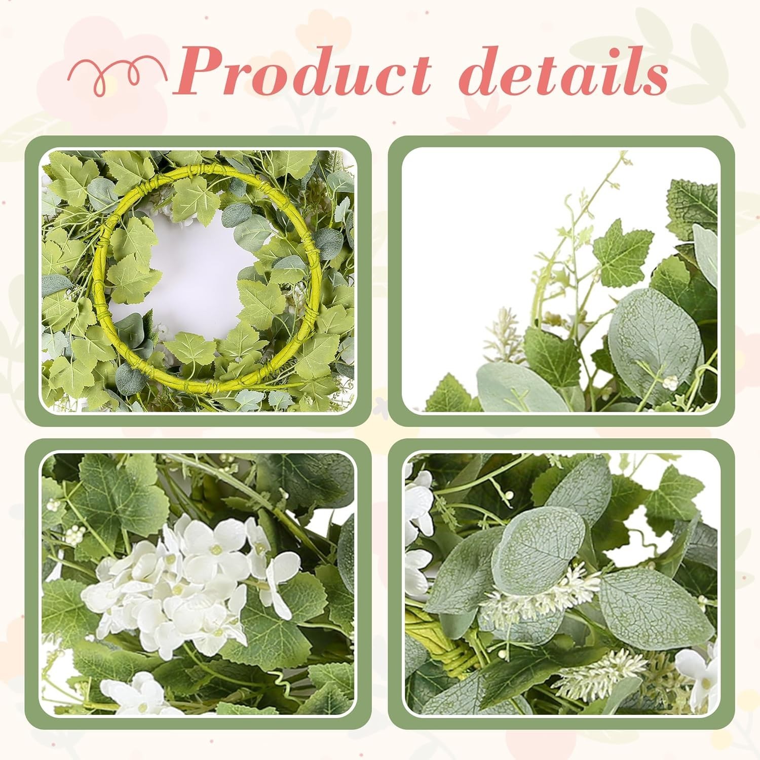 18-Inch Artificial Spring Summer Wreath with Eucalyptus and White Flowers