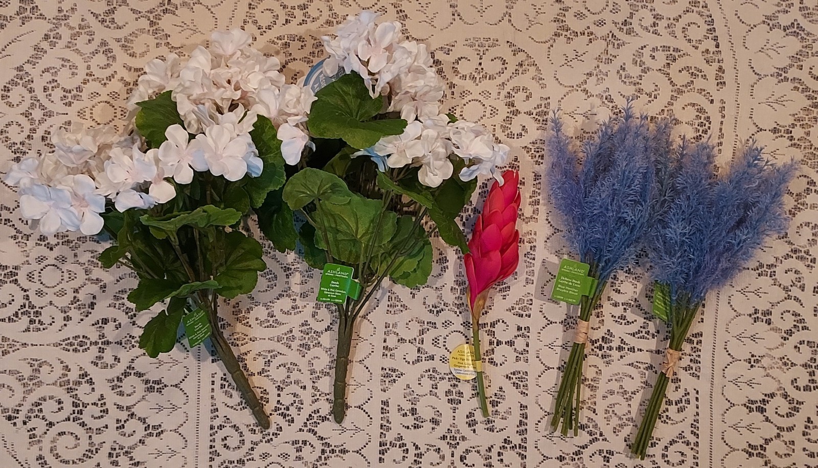 Ashland White Pink Geranium Bush Blue Heather Pink Ginger Pick Artificial Flower