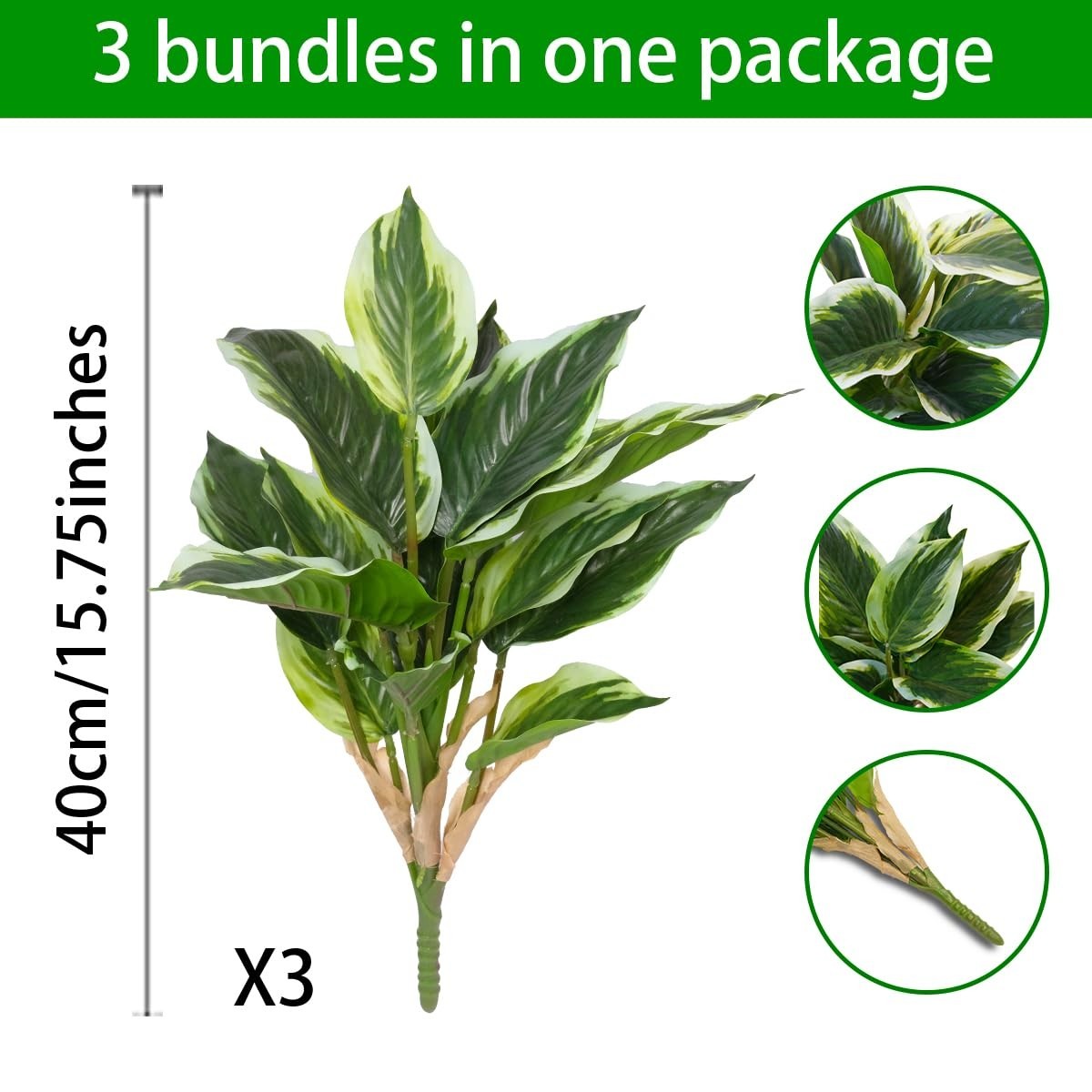 3PCS UV Resistant Artificial Tropical Green Plants – 15.75″ Faux Hostas for Indo